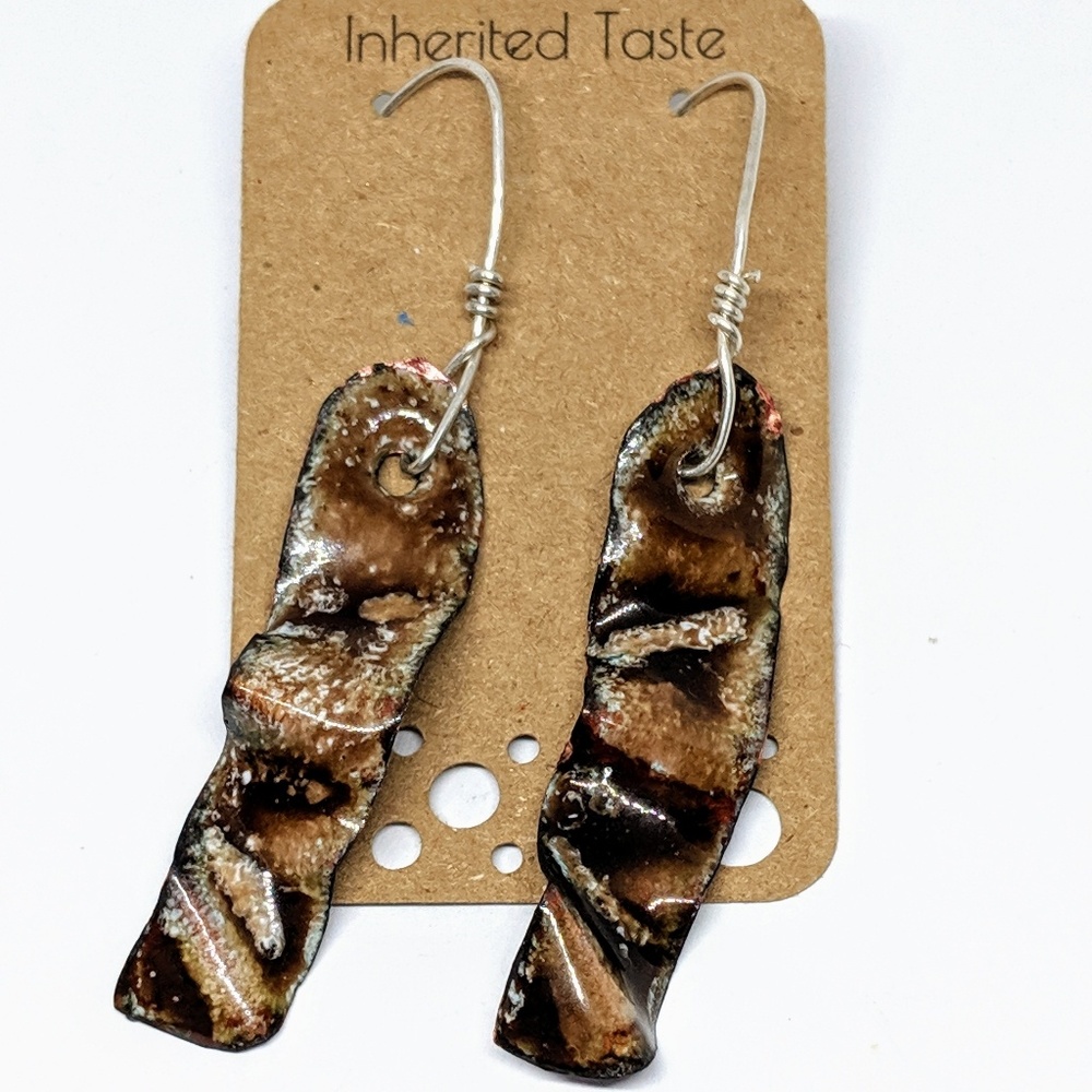 Handcrafted Dangle Earrings Brown & White Enamel